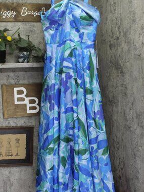 Taylor Blue Twisted Halter Printed Gown Dress 9185S Sapphire 14